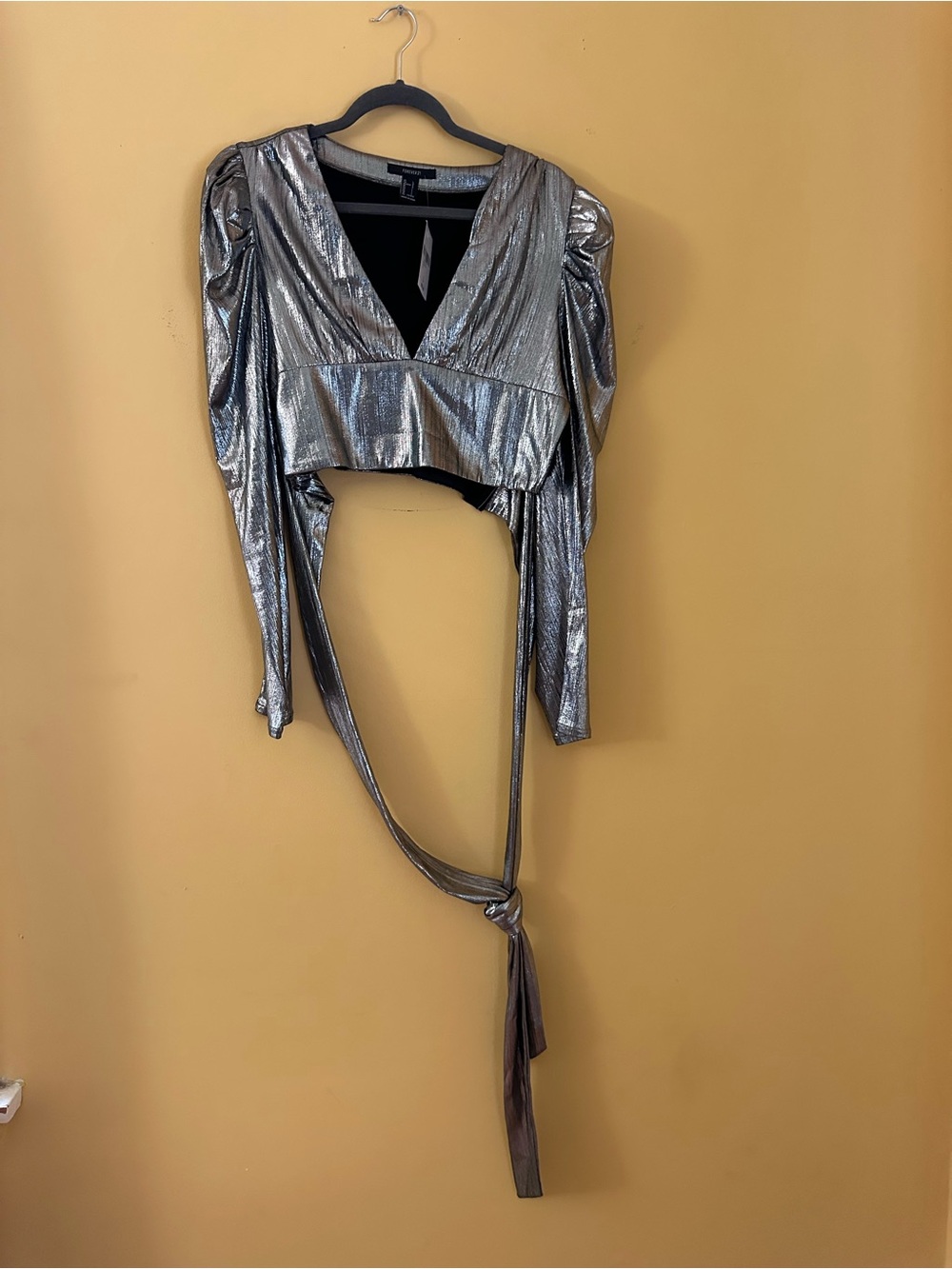 Forever 21 Metallic Silver Wrap Crop Top